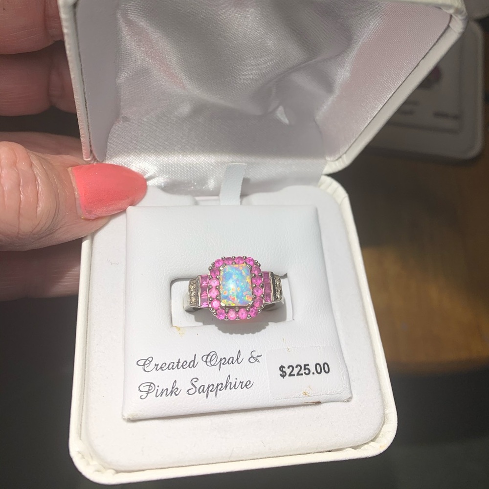 Gorgeous Opal w Pink Sapphire Silver w Gold Ring